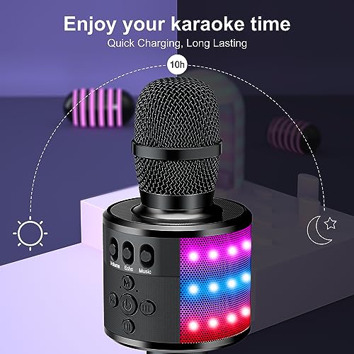 BONAOK Karaoke Microphone for Kids & Adults - Bluetooth Microphones Singing Mic with Disco Lights, Echo Effect, Built-in Speaker Portable Karaoke Player for Party Travel Gifts Q78(Black) - color: Black