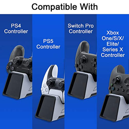 Mcbazel Dual Charging Station with Headset Holder for PS5, Fast Charging Dock with LED Indicator for PS5/ PS4/ Switch Pro/Switch2/ Xbox One/Xbox One Slim/Xbox Elite/Xbox Series X&S Controllers