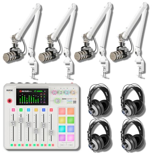 Rode RODECaster Pro 2 White Bundle with 4x PodMic Dynamic Mics, 4 PSA1+ White Boom Arms, 4 Cans50 Headphones, XLR Cables — 9-Channel APHEX Console for Podcasting, Streaming