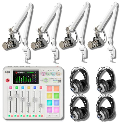 Rode RODECaster Pro 2 White Bundle with 4x PodMic Dynamic Mics, 4 PSA1+ White Boom Arms, 4 Cans50 Headphones, XLR Cables — 9-Channel APHEX Console for Podcasting, Streaming
