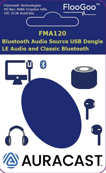 FMA120 LE Audio Bluetooth Adapter for Phone, PC & Console – Low Latency Gaming, Teams/Zoom Mic Support, Auracast TX/RX/Relay, Hearing Aid Compatible, aptX Lossless