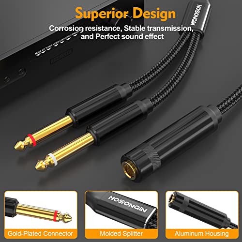 HOSONGIN 1/4 TRS Stereo Jack to Dual 1/4 TS Mono Y-Splitter Insert Cable, Nylon Braided Jacket Gold-Plated Plug Double Shielding Cable, 1 Feet - style: 1/4" TRSF to Dual 1/4" TSM