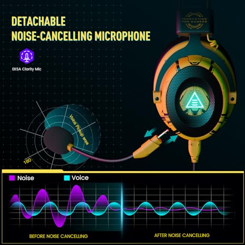 EKSA USB Gaming Headset for PC - Computer Headset with Detachable Noise Cancelling Mic, 7.1 Surround Sound, 50MM Driver - Headphones with Microphone for PS4/PS5, Xbox One, Laptop, Gamer - color: Wired Yellow