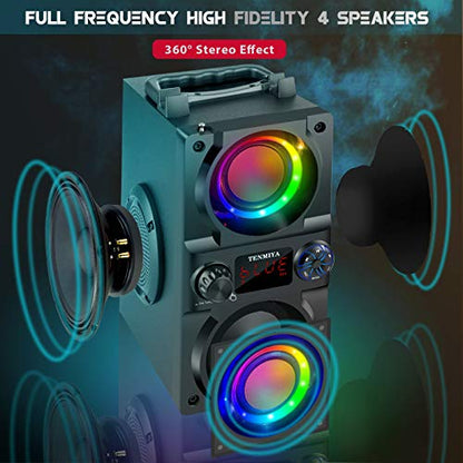 Bluetooth Speaker, 40W (60W Peak) Portable Wireless Speaker with Colorful Lights, Double Subwoofer Heavy Bass, FM Radio, MP3 Player, Bluetooth 5.0, Loud Stereo speakers for Home Outdoor Party Camping