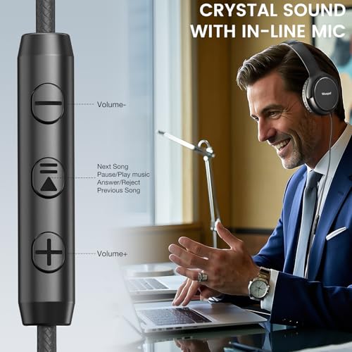 USB C Wired Over-Ear Headphones with Microphone | Volume Control, Share Port, Adjustable Headband Foldable Stereo Headset for Adult/Teens for iPhone 16, Laptop, Gaming, Travel - color: Black