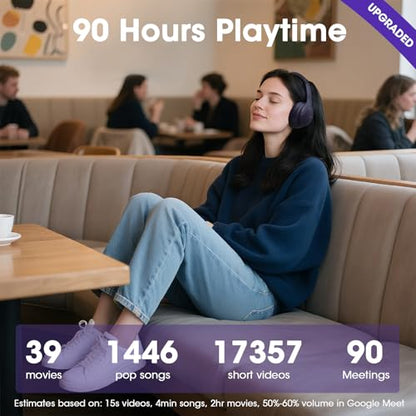 DOQAUS Bluetooth Headphones Over Ear, Headphones Wireless with 90H Playtime | 3 EQ Mode, Bluetooth 5.3 Wireless Headphones with Hifi Stereo Sound, ENC Mic, Foldable for Travel Work Study Phone PC, Purple - color: Purple