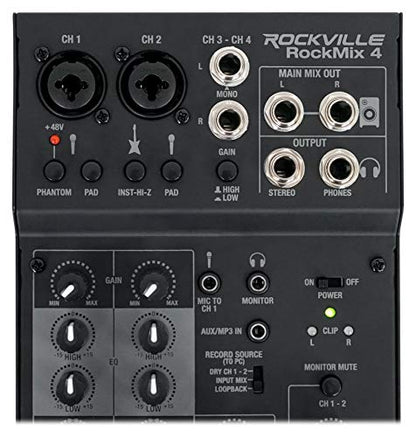 Rockville RockMix 4 4-Channel Pro Recording Mixer with USB Interface, EQ | Mic, Instrument Inputs, 48V Phantom Power, XLR 1/4" Combo Jacks, 16-Bit 48kHz USB Recording, Loopback, Mac PC
