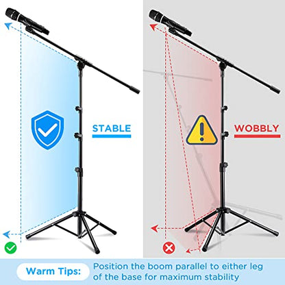 Microphone Stand 2 Pack, Bietrun Tripod Mic Stand Adjustable Boom Height, with Carry Bag & Mic Clips, Detachable Boom Mic Stand for Singing Performance Wedding Stage Church