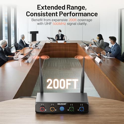 MELONARE 4-Channel Wireless Conference Microphone System MWM-41-4G | 4 gooseneck mics, 4 x 10 frequencies, 200 ft range, UHF cordless setup for lecture, church, conference and public speaking - size: 4 Gooseneck Mics