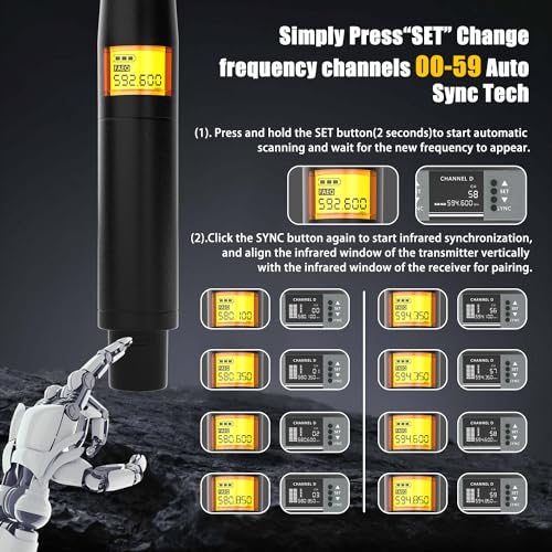 Wireless Microphone System, 4-Channel UHF Wireless Mic Set with 2 Handheld Mics, 2 Bodypack Mics, 328Ft Range, 4x60 Frequencies, Metal Cordless Microphone for Singing, Church, Karaoke