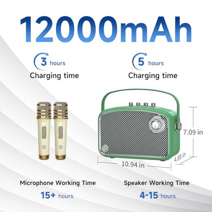 Karaoke Machine, 120W Peak Bluetooth Karaoke Speaker with 2UHF Microphones, Small PA System for Adults Kids with Bass/Trable/Echo Adjustment, Supports TF/USB/AUX/Live/Instruments for Home Party Events - color: Green