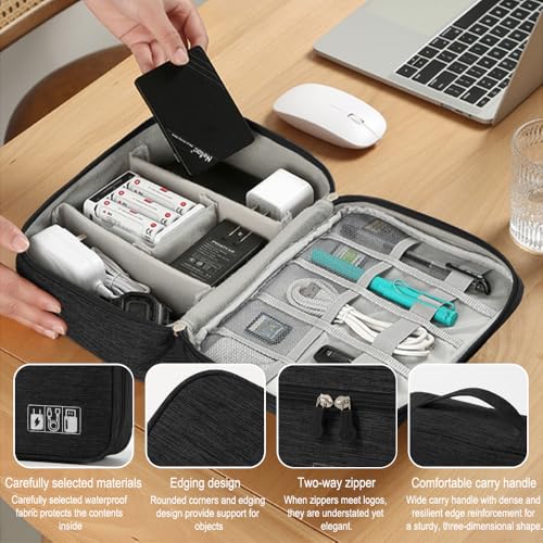 Travel Cable Organizer Pouch Electronic Accessories Carry Case Portable Waterproof Double Layers Storage Bag for Cord, Charger, Phone, Earphone,Black