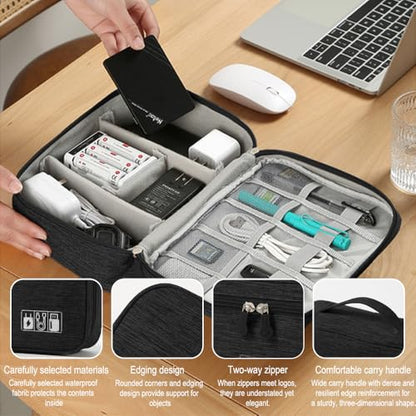 Travel Cable Organizer Pouch Electronic Accessories Carry Case Portable Waterproof Double Layers Storage Bag for Cord, Charger, Phone, Earphone,Black