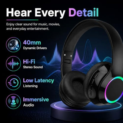 Bluetooth Headphones, Over Ear Wireless Headphones, RGB Light, Foldable Lightweight Headset with Microphone, Wireless Headphones for Cell Phone, Music, Gaming, School, Home Office