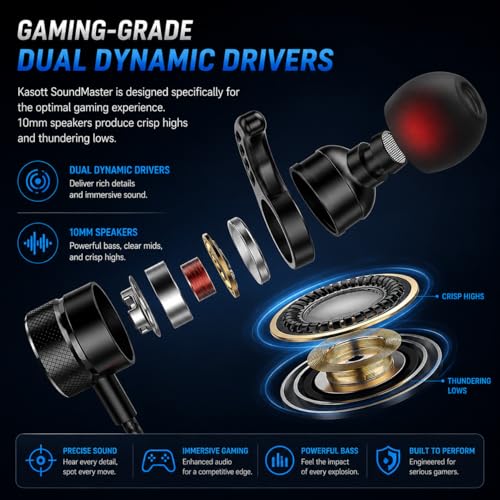 KASOTT SoundMaster Pro V1 - Gaming Earphones with Dual Audio Drivers,Battle Buds,in-Line Mic with Mute and Volume Control, Compatible with Xbox Series,Xbox One,PS5,PS4,Switch,Pc with 3.5mm Aux - color: Black