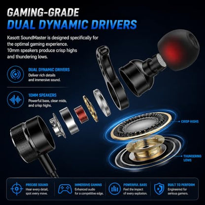 KASOTT SoundMaster Pro V1 - Gaming Earphones with Dual Audio Drivers,Battle Buds,in-Line Mic with Mute and Volume Control, Compatible with Xbox Series,Xbox One,PS5,PS4,Switch,Pc with 3.5mm Aux