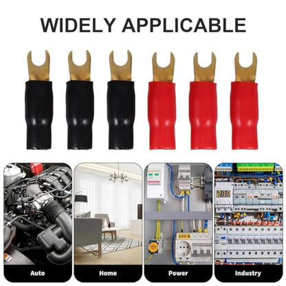 3 Pairs Copper Gold Plated 0 Gauge Spade Terminal Crimp Connectors Adapters Crimp Barrier Spades for Speaker Wire Cable Terminal Plug - 0GA (Red and Black)