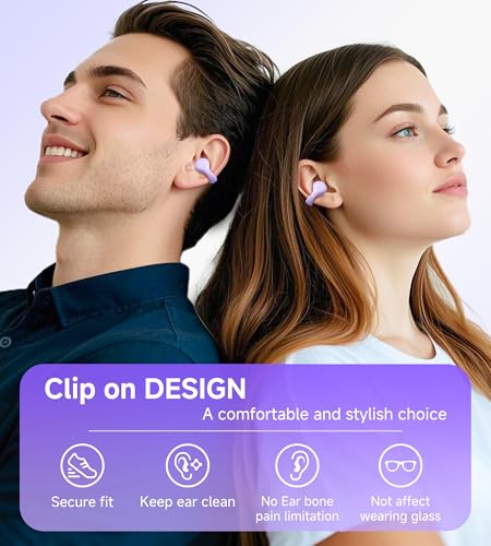 King Lucky i21 Open Ear Clip On Earbuds Wireless Bluetooth Ear Clip Headphones with Mic,Noise Cancelling, Waterproof IPX4,for Small Ears,Perfect for Running,Sports,Glasses Wearers (Purple) - color: Purple