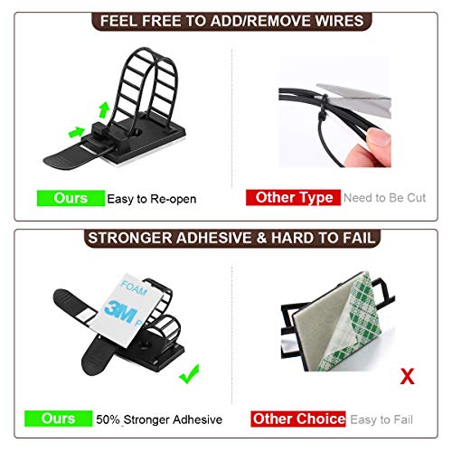 100Pcs Adhesive Cable Management Clips with 50Pcs Zip Ties, Adjustable Nylon Cable Strap Ties Wire Clips Clamps Organizer, Extra Screw & Hole - 3.35 Inch Black - color: Black, size: M-100pcs
