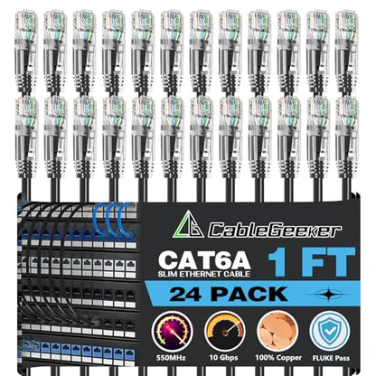 CableGeeker Cat 6A Slim Ethernet Patch Cables, 1 ft, 24-Pack, Black | 28AWG Pure Copper, 10Gbps/550MHz, Snagless Gold-Plated RJ45, Ultra-Thin Flexible Design for Switches, Patch Panels, and Racks - color: Black-Slim, size: 1ft, style: 24 Pack