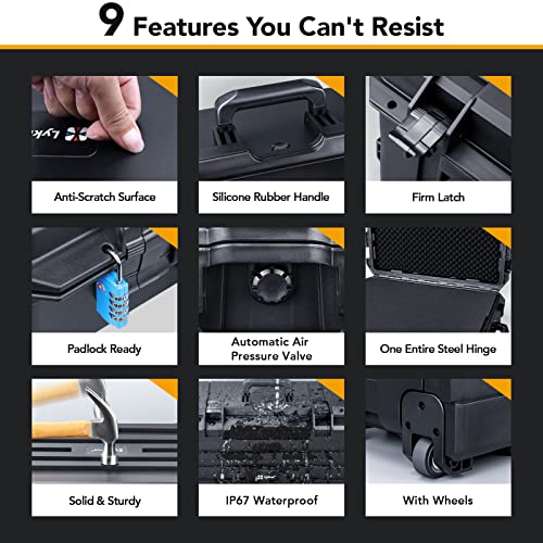 Lykus HC-6030 Large Waterproof Hard Case with Wheels and Customizable Foam, Interior Size 23.5x16.8x10.7 inch, Suitable for large electronic equipment and more | IP67 Waterproof, Pluckable Foam, Suitable for Cameras, Lenses, Electronic Equipment and More
