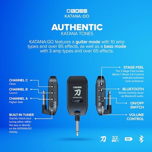 BOSS KATANA:GO | Personal Headphone Amplifier for Guitar & Bass | Ready-To-Play Sounds from Stage-Class Katana Amps | Advanced Spatial Technology | Edit Tones & Stream Backing Music via Bluetooth | Ready-To-Play Sounds from Stage-Class Katana Amps, Advanc