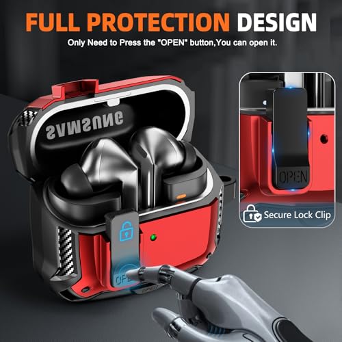 Safety Lock Case for Samsung Galaxy Buds3 FE/Pro/3 (RED) | Compatible with MagSafe, with Phone Stand& Cleaning kit,Keychain, - color: A-A-A-Red