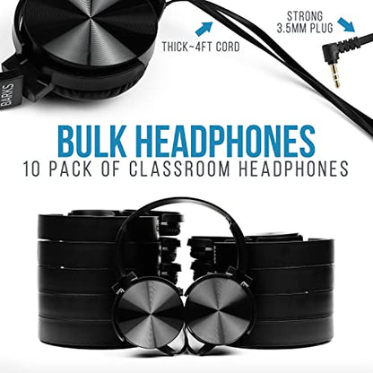 Barks Classroom Headphones Bulk 10 Pack (Select Black, On-Ear, Wired 3.5mm) | Durable Everyday Student Use, Tangle-Free Cords, Adjustable Fit All-Day Comfort, Clear Sound, Easy Clean, K-12 School Testing