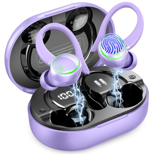 Matast Wireless Earbuds, Bluetooth 5.4 Headphones Sports, 45H Playback Over-Ear Buds with ENC Noise Cancelling Mic, HiFi Stereo Fitness Earphones with Earhooks, IP7 Waterproof Headset - color: Purple