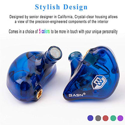 BASN High-Definition in Ear Monitor Headphones for Musicians with Detachable MMCX Earbuds; Dual Dynamic Drivers and Noise-Isolating (Blue) - color: Blue
