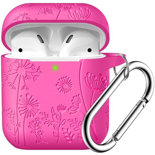 Lerobo for AirPod Case 2nd/1st Generation with Keychain | Flower Engraved Soft Silicone Cover for AirPods 2 Case, Wireless Charging, Shockproof, One-piece Design, Rose Pink - color: Rose Pink