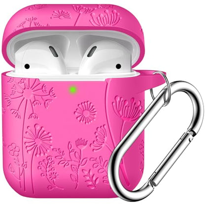 Lerobo for AirPod Case 2nd/1st Generation with Keychain | Flower Engraved Soft Silicone Cover for AirPods 2 Case, Wireless Charging, Shockproof, One-piece Design, Rose Pink - color: Rose Pink