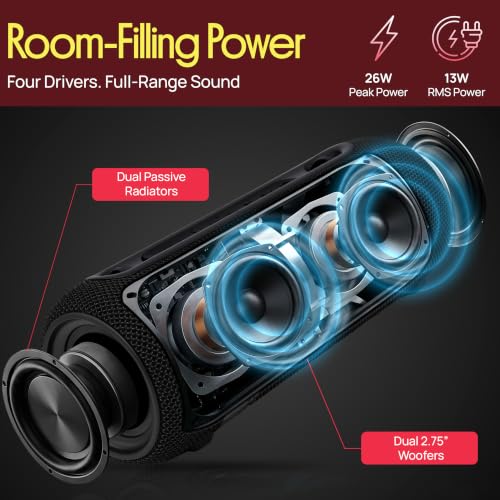 Pyle Portable Bluetooth Speaker - RGB LED, IPX5 Waterproof, TWS Stereo Pairing, USB/AUX/FM, Built-in Mic, USB-C Charging, 7H Battery, Shoulder Strap - Party, Outdoor, Travel, Home - PBTPSP25BK