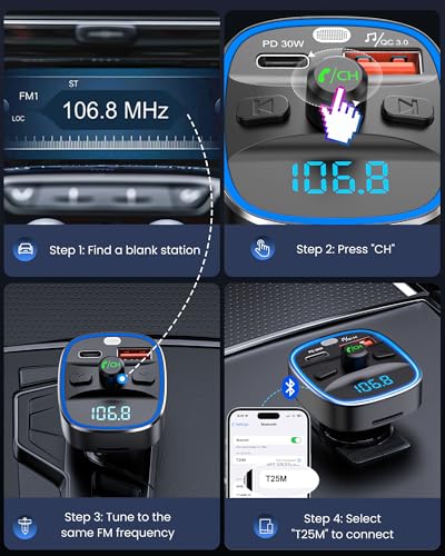 LENCENT Bluetooth 5.4 FM Transmitter Car Adapter 48W PD Fast Charging | PD 30W & 18W, 7 Color Light Wireless Radio Music Adapter Hands-Free Calling, Support USB Drive & TF Card - color: Colorful-48W