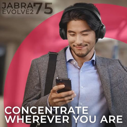Jabra Evolve2 75 Wireless Headset Stereo UC w/Charging Headset Stand, USB Dongle, Compatible w/Zoom, RingCentral, Smartphones, Tablets, PC/MAC, 27599-989-989, w/Gold Support Plan and Mobile Wallet - color: Black, style: Evolve2 75 Plus STAND
