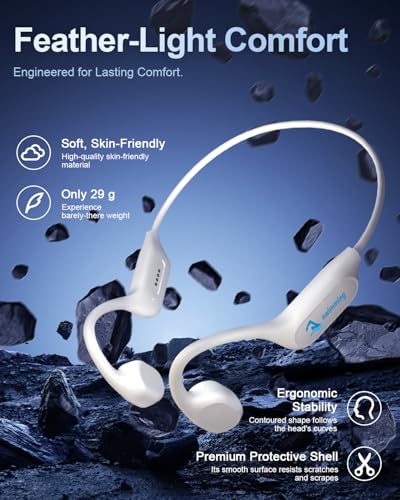 Swimming Headphones Bone Conduction Bluetooth 6.0 IPX8 Waterproof 32G MP3 | Open-ear comfort,clear audio in water,phone-free playlists,secure fit with caps and goggles,stable above-water pairing - color: Off White