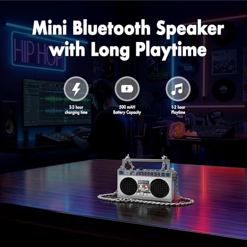 Portable Bluetooth Speakers, Retro Speakers Bluetooth Wireless Wearable | Mini Bluetooth Boombox with 27” Neck Chain, FM Radio, On-Board Buttons, Dual 3W Peak Power Bluetooth Speaker for Anywhere - color: Silver