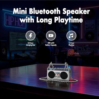 Portable Bluetooth Speakers, Retro Speakers Bluetooth Wireless Wearable | Mini Bluetooth Boombox with 27” Neck Chain, FM Radio, On-Board Buttons, Dual 3W Peak Power Bluetooth Speaker for Anywhere - color: Silver