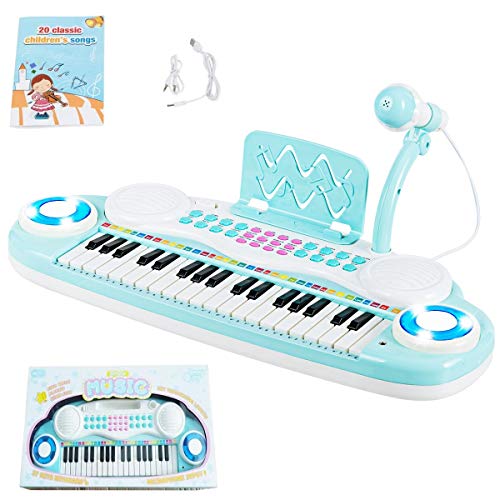 Costzon 37 Keys Electronic Keyboard Piano for Kids, Portable Musical Keyboard with Rhythm Light, Microphone, Recording, Music Stand, 8 Tone Keys, 4 Percussion Instruments (Blue) - style: Blue