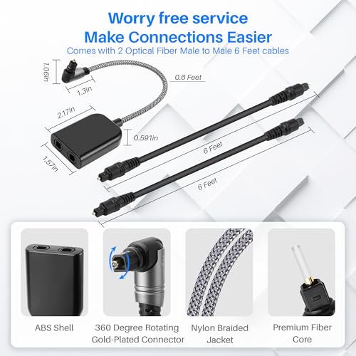 90 Degree Digital Optical Adapter Splitter 1 in 2 Out, Right Angle Toslink Digital Audio Fiber Optic Cable Splitter 1x2 for Soundbar, Headphones,TVs -with 2 Optical Audio Cables 6 Feet - color: 90 Degree Plug