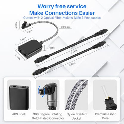 90 Degree Digital Optical Adapter Splitter 1 in 2 Out, Right Angle Toslink Digital Audio Fiber Optic Cable Splitter 1x2 for Soundbar, Headphones,TVs -with 2 Optical Audio Cables 6 Feet - color: 90 Degree Plug