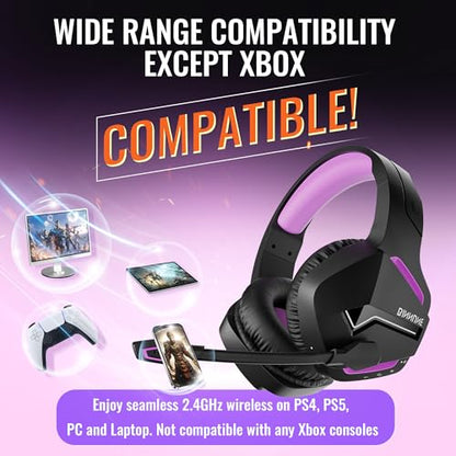 BINNUNE 2.4GHz Wireless Gaming Headset, Bluetooth 5.3 Gaming Headphones with Noise Canceling Mic, 120H Ultra-Long Battery, 50mm Drivers, Multi-Platform for PC / PS5 /PS4/ Switch/Mobile, Purple - color: Purple