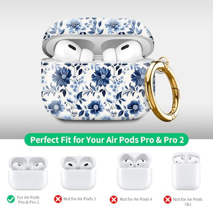 Compatible with Airpod pro 2nd/1st Generation Case Cover with Gold Round Keychain Cute Pattern Hard & Anti Slip Cover for Men Women & Girls（Blue and White） - color: Blue and White