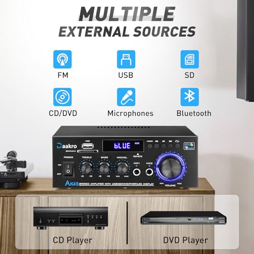 Daakro AK45 Stereo Audio Amplifier,300W Home 2 Channel Wireless Bluetooth 5.0 Power Amplifier System, Home Amplifiers FM Radio, USB, SD Card, with Remote Control Home Theater Audio Stereo System | 2 Channel Power Amplifier System, Home Amplifiers FM Radio