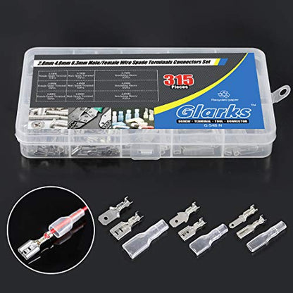 Glarks 315Pcs Quick Splice 2.8mm 4.8mm 6.3mm Male and Female Wire Spade Connector Wire Crimp Terminal Block with Insulating Sleeve Assortment Kit - style: 315Pcs Silver Spade Connector