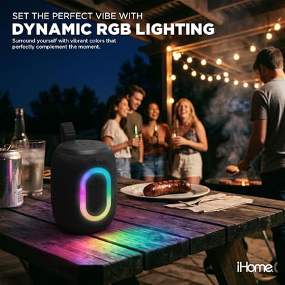 iHome Quest Wireless Portable Bluetooth Speaker with RGB Light | Water-Resistant, Built-In Carry Strap, TWS Pairing, Rechargeable Battery, USB-C Cable Included, True Stereo, Bluetooth 5.3 - color: Black