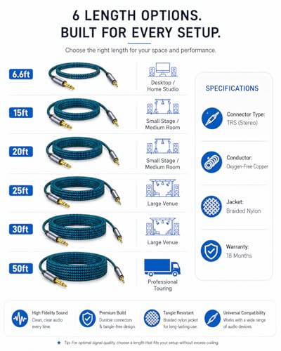 1/8 to 1/4 Stereo Audio Cable, 3.5mm to 6.35mm TRS Male Nylon Braided Cord for Guitar, Keyboard, Amplifier, Mixer, Home Theater 25FT - size: 25 ft