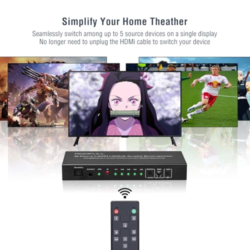 ROOFULL 5 Port 4K HDMI Switch with Audio Extractor & IR Remote | 5 In 1 Out 4K@60Hz HDMI 2.0 Switcher with Optical/AUX Audio Out, Dolby Vision/Atmos, Auto-Switching, HDCP 2.2, HDR 10, 18Gbps - color: Black (with Audio Extractor)