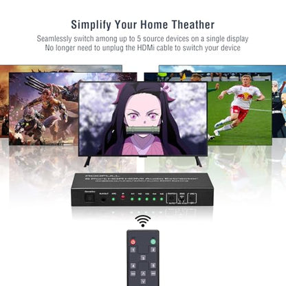 ROOFULL 5 Port 4K HDMI Switch with Audio Extractor & IR Remote | 5 In 1 Out 4K@60Hz HDMI 2.0 Switcher with Optical/AUX Audio Out, Dolby Vision/Atmos, Auto-Switching, HDCP 2.2, HDR 10, 18Gbps - color: Black (with Audio Extractor)