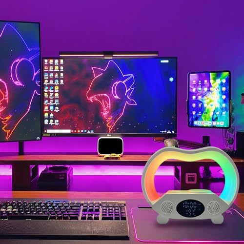 IHAO 6in1 Multi Functional Wireless Charger Bluetooth Speaker Time&Temperature Display Alarm Clock 7-Color LED Night Lights Fast Charger for Phone Apple Watch Earbuds Remote Control-White - color: Wireless Charger Alarm Clock Zs932 White